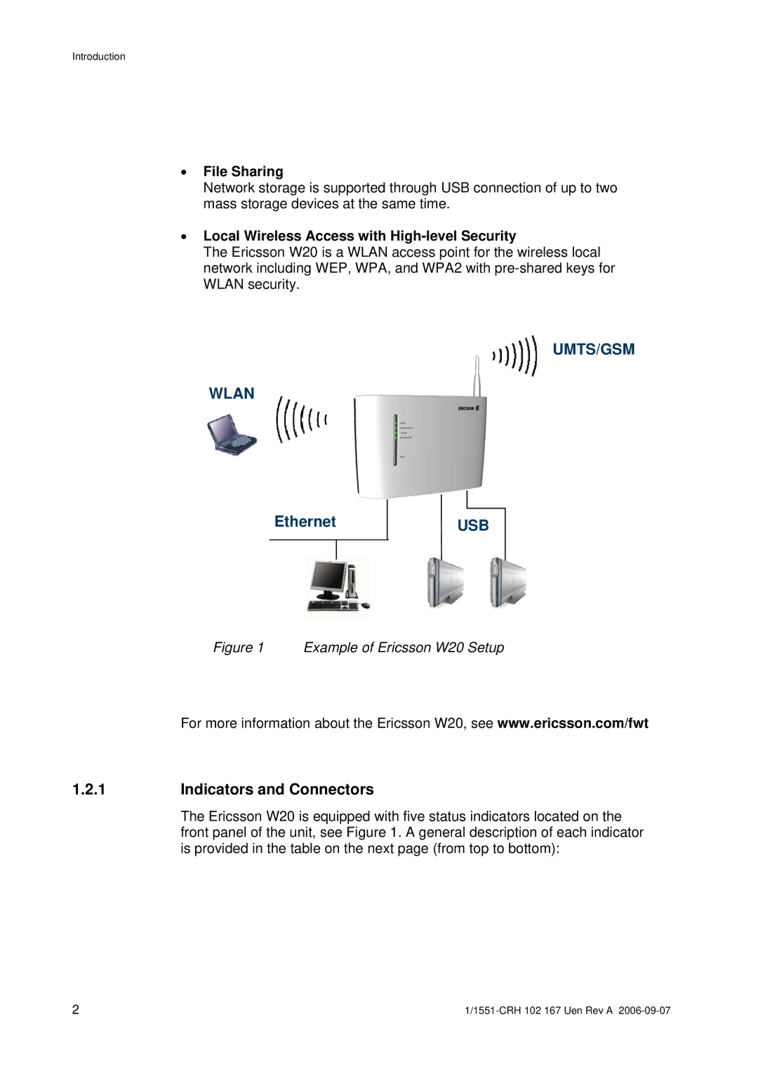 Ericsson W20 manual Indicators and Connectors, File Sharing, Local Wireless Access with High-level Security 