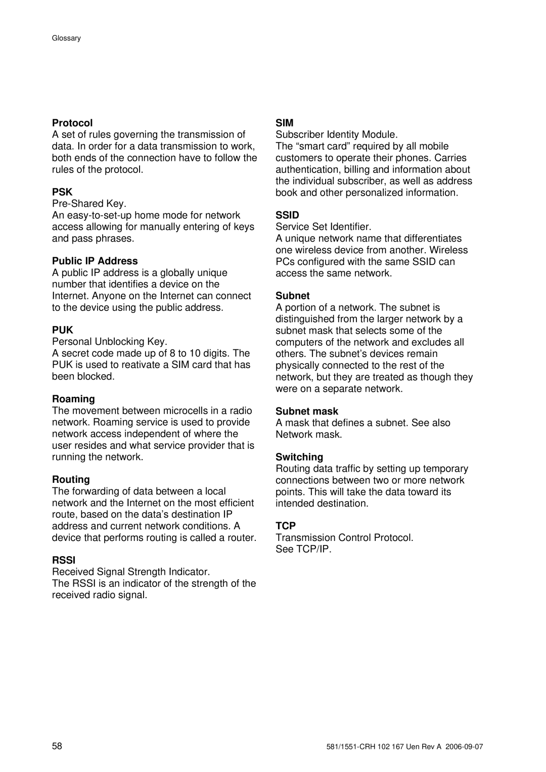 Ericsson W20 manual Puk, Sim, Ssid, Tcp 