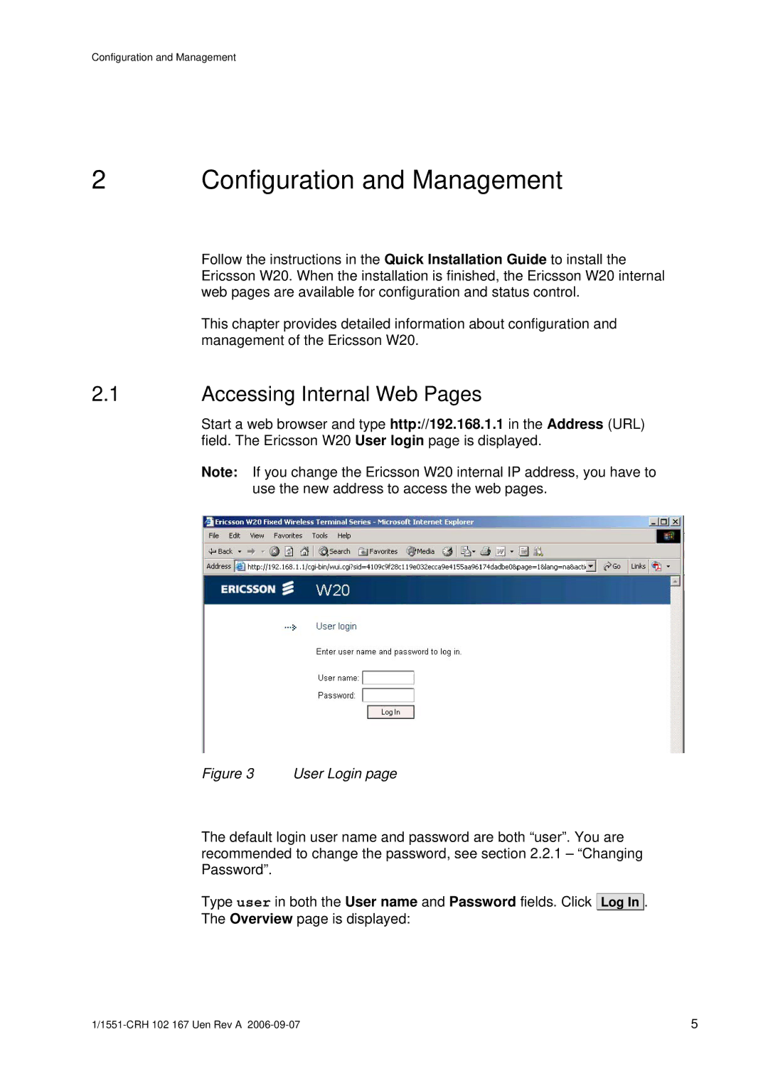 Ericsson W20 manual Configuration and Management, Accessing Internal Web Pages 