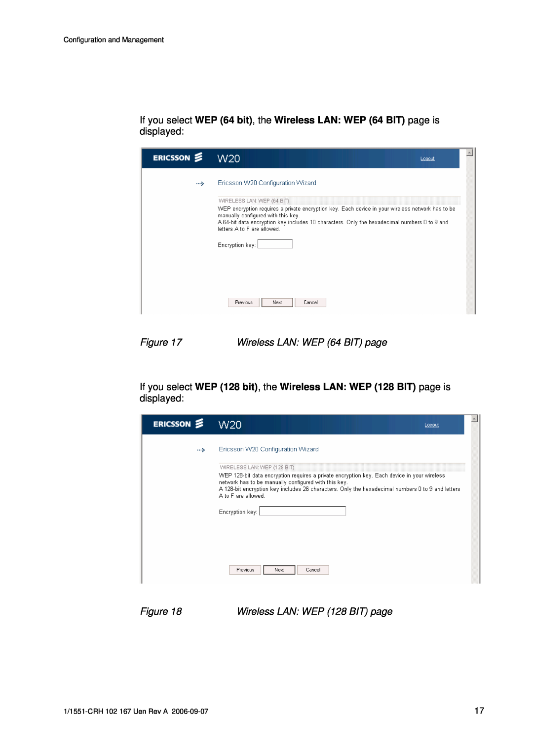 Ericsson W20 manual Wireless LAN WEP 64 BIT page, Wireless LAN WEP 128 BIT page 
