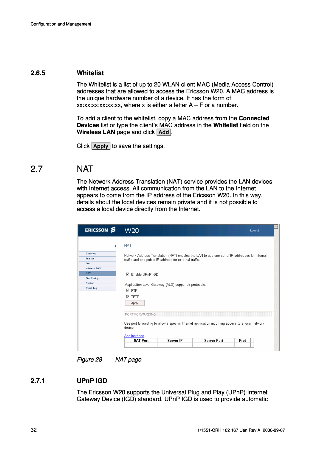 Ericsson W20 manual 2.7 NAT, Whitelist, UPnP IGD 
