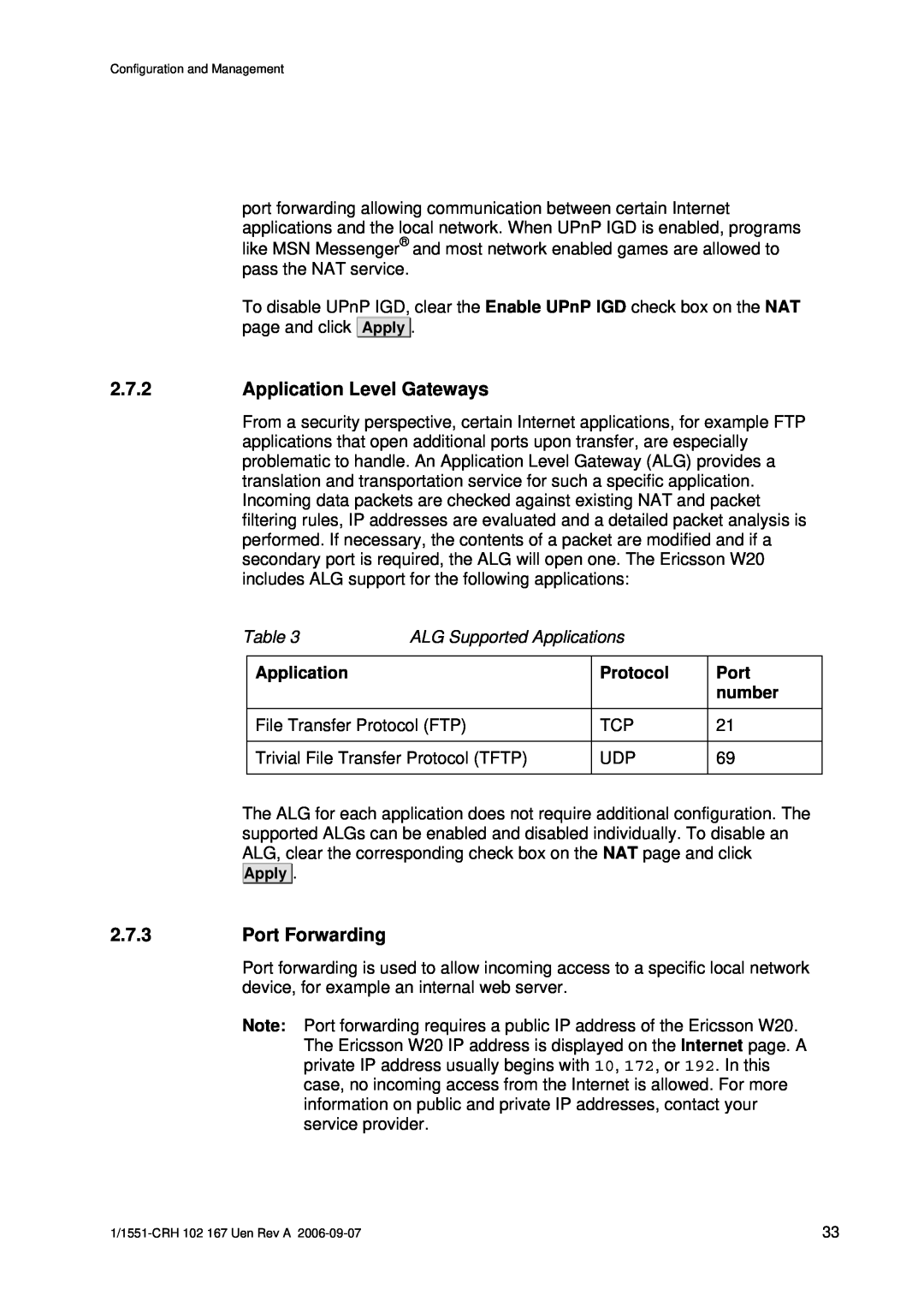 Ericsson W20 manual Application Level Gateways, Port Forwarding, Protocol, number 