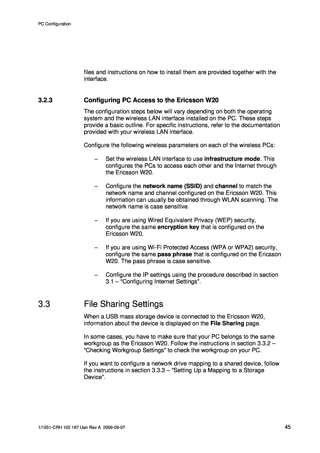 Ericsson manual File Sharing Settings, Configuring PC Access to the Ericsson W20 