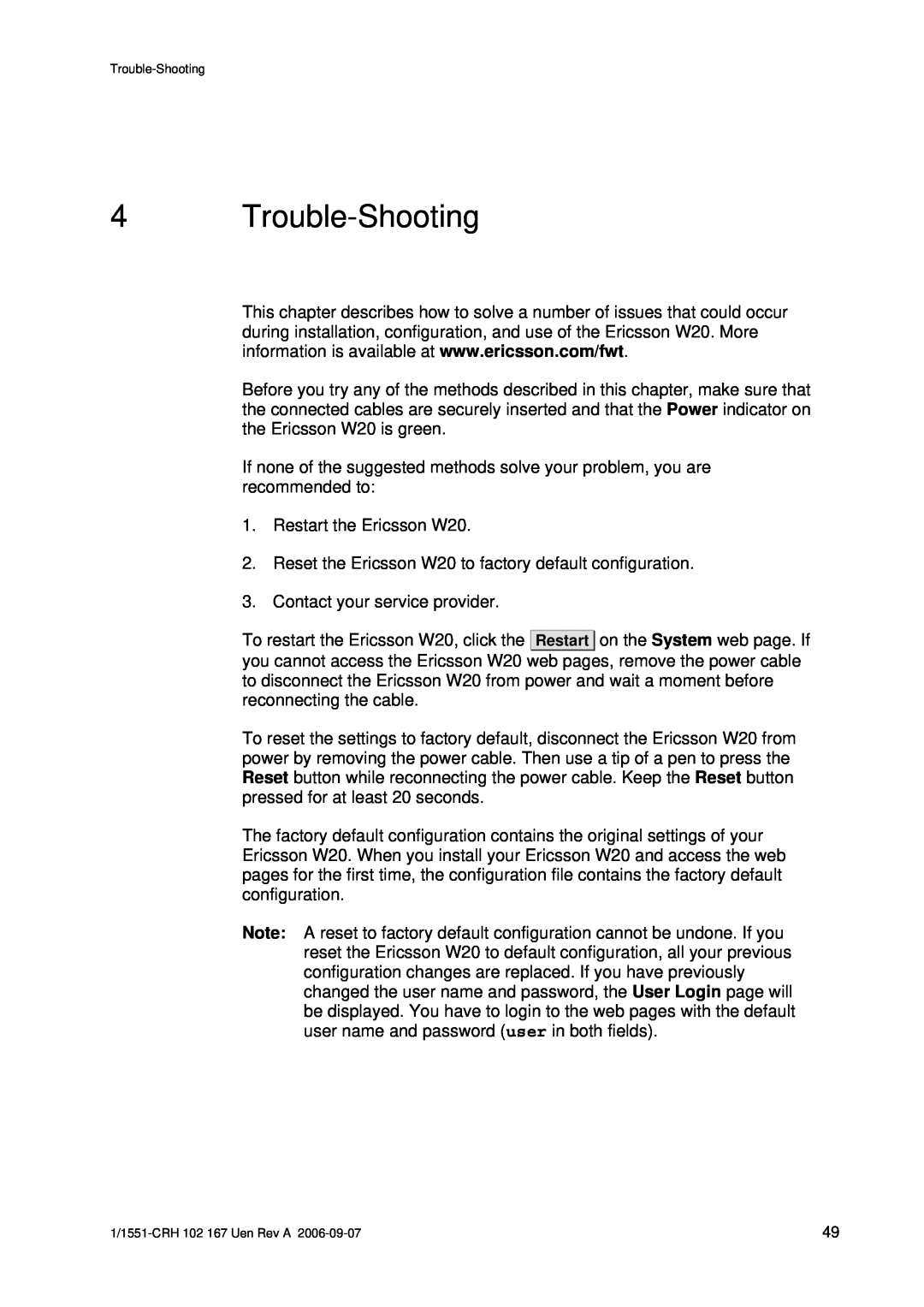 Ericsson W20 manual Trouble-Shooting 