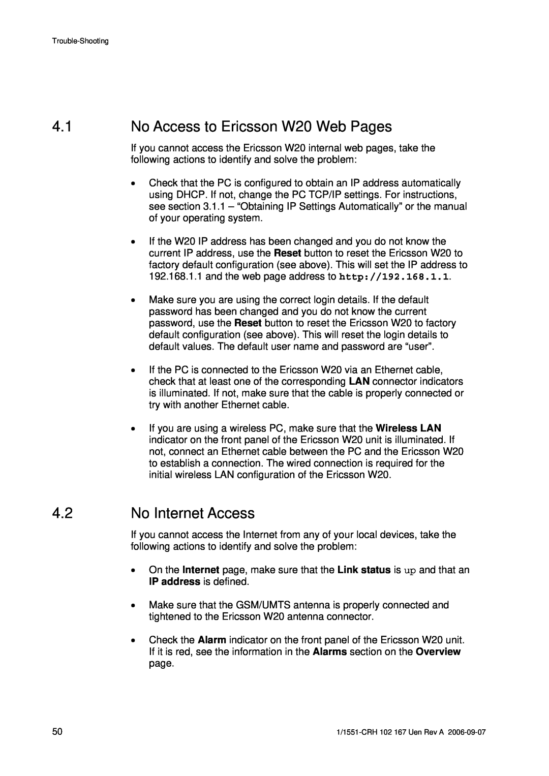Ericsson manual No Access to Ericsson W20 Web Pages, No Internet Access 