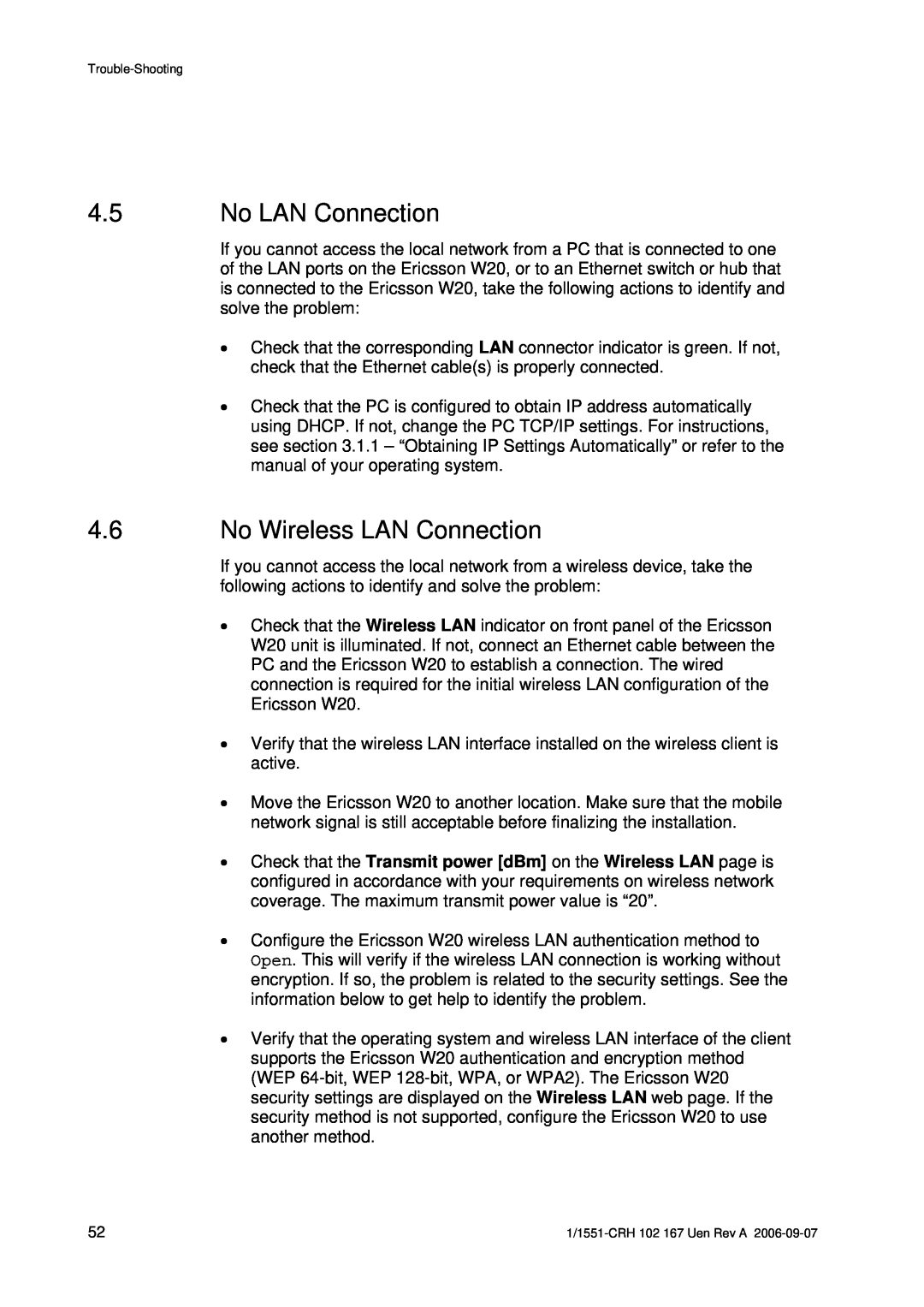 Ericsson W20 manual No LAN Connection, No Wireless LAN Connection 