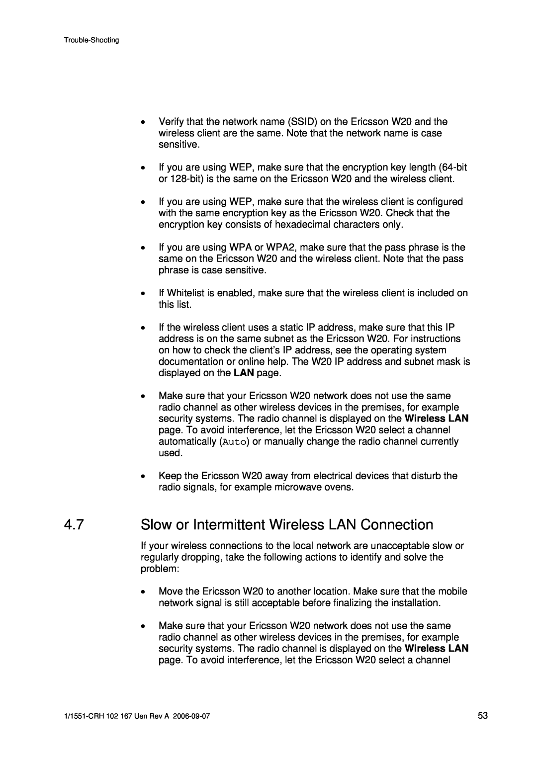 Ericsson W20 manual Slow or Intermittent Wireless LAN Connection, Trouble-Shooting, 1/1551-CRH 102 167 Uen Rev A 