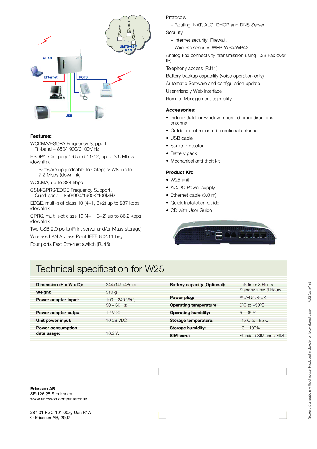 Ericsson W25 manual Accessories, Features, Product Kit 