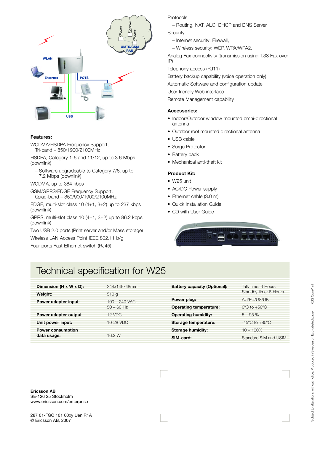 Ericsson manual Accessories, Features, Product Kit, Technical specification for W25 