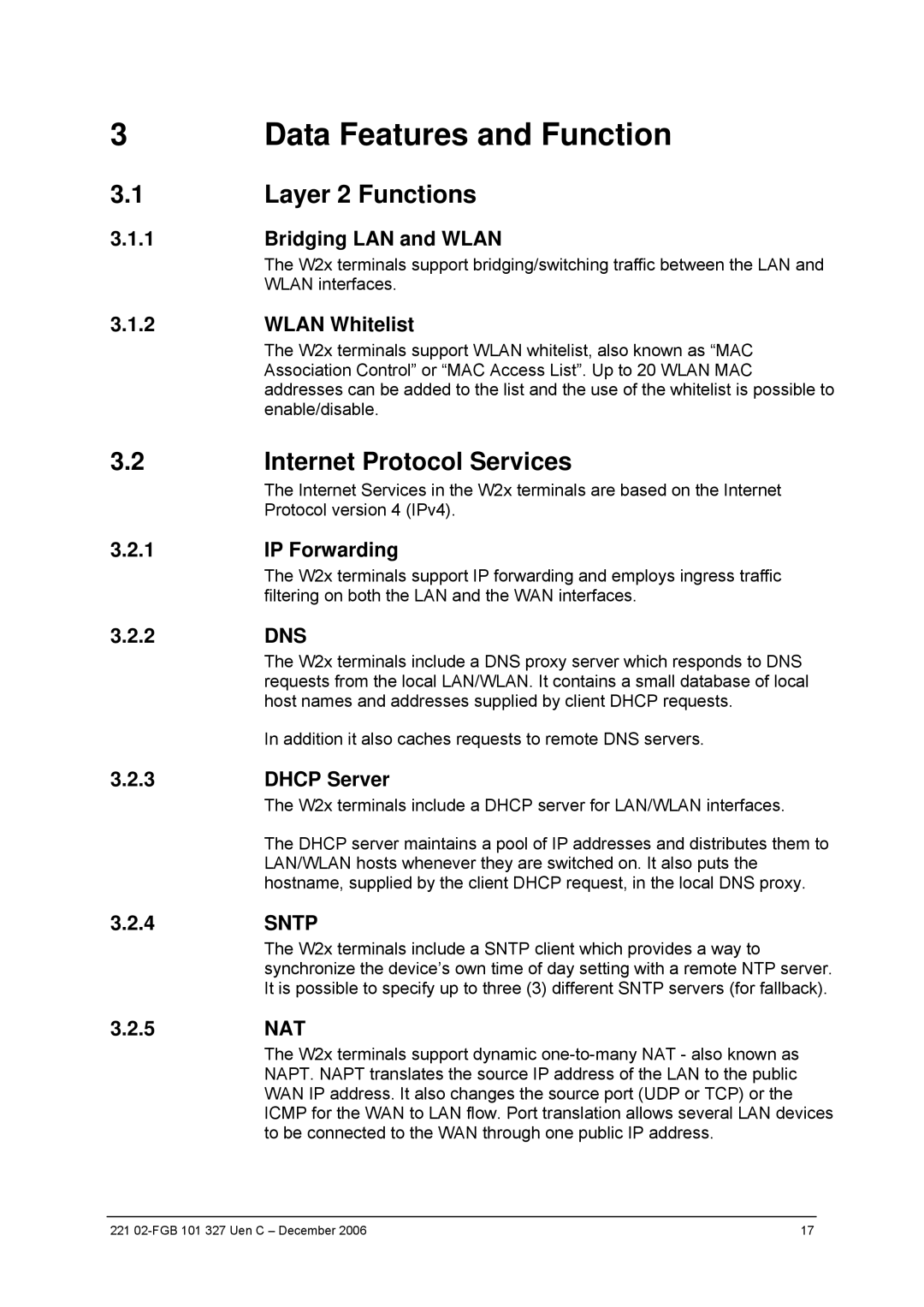 Ericsson W2x Series manual Data Features and Function, Layer 2 Functions, Internet Protocol Services 