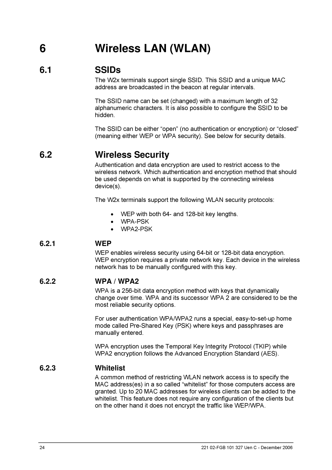 Ericsson W2x Series manual Wireless LAN Wlan, SSIDs, Wireless Security 