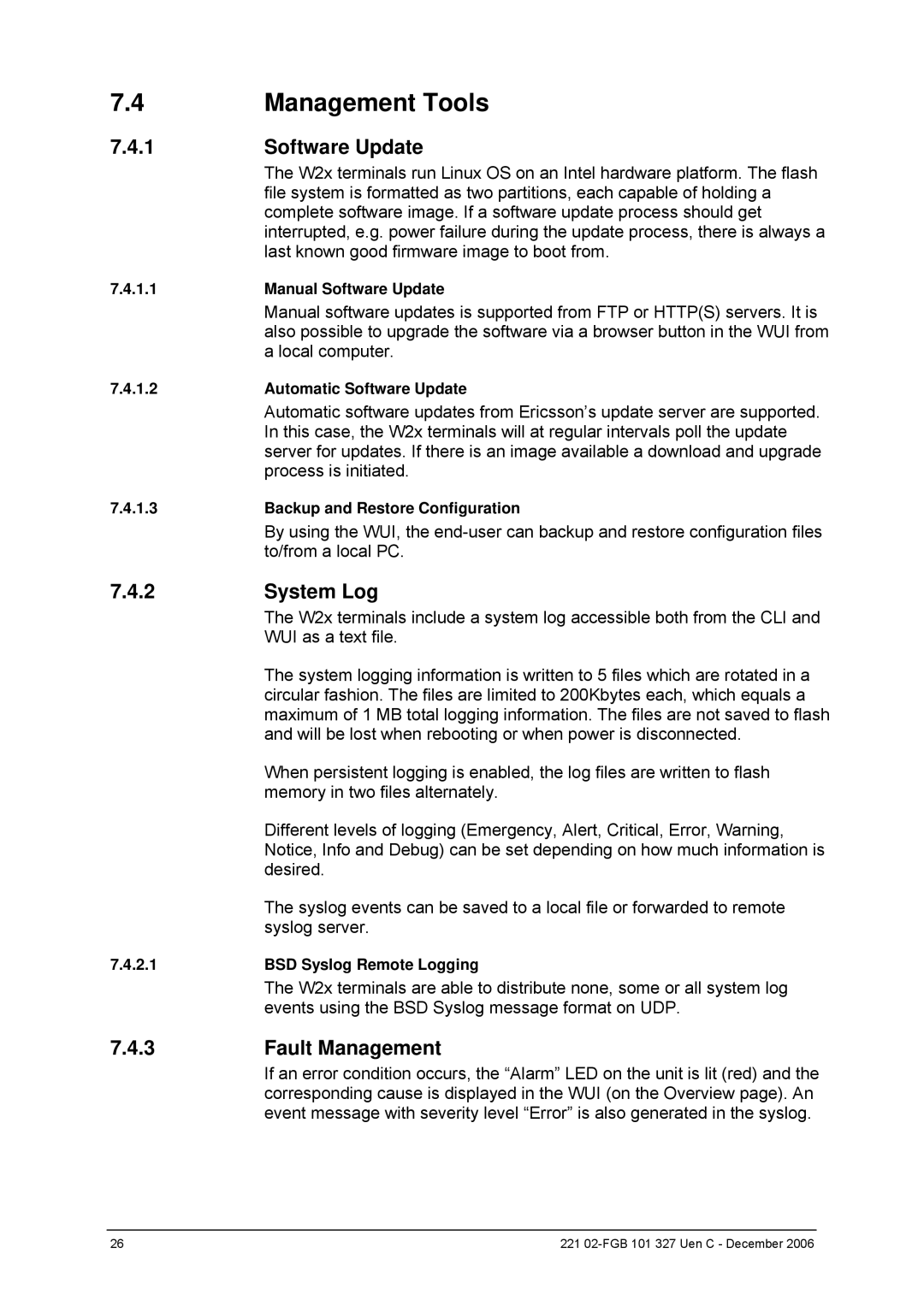 Ericsson W2x Series manual Management Tools, Software Update, System Log, Fault Management 