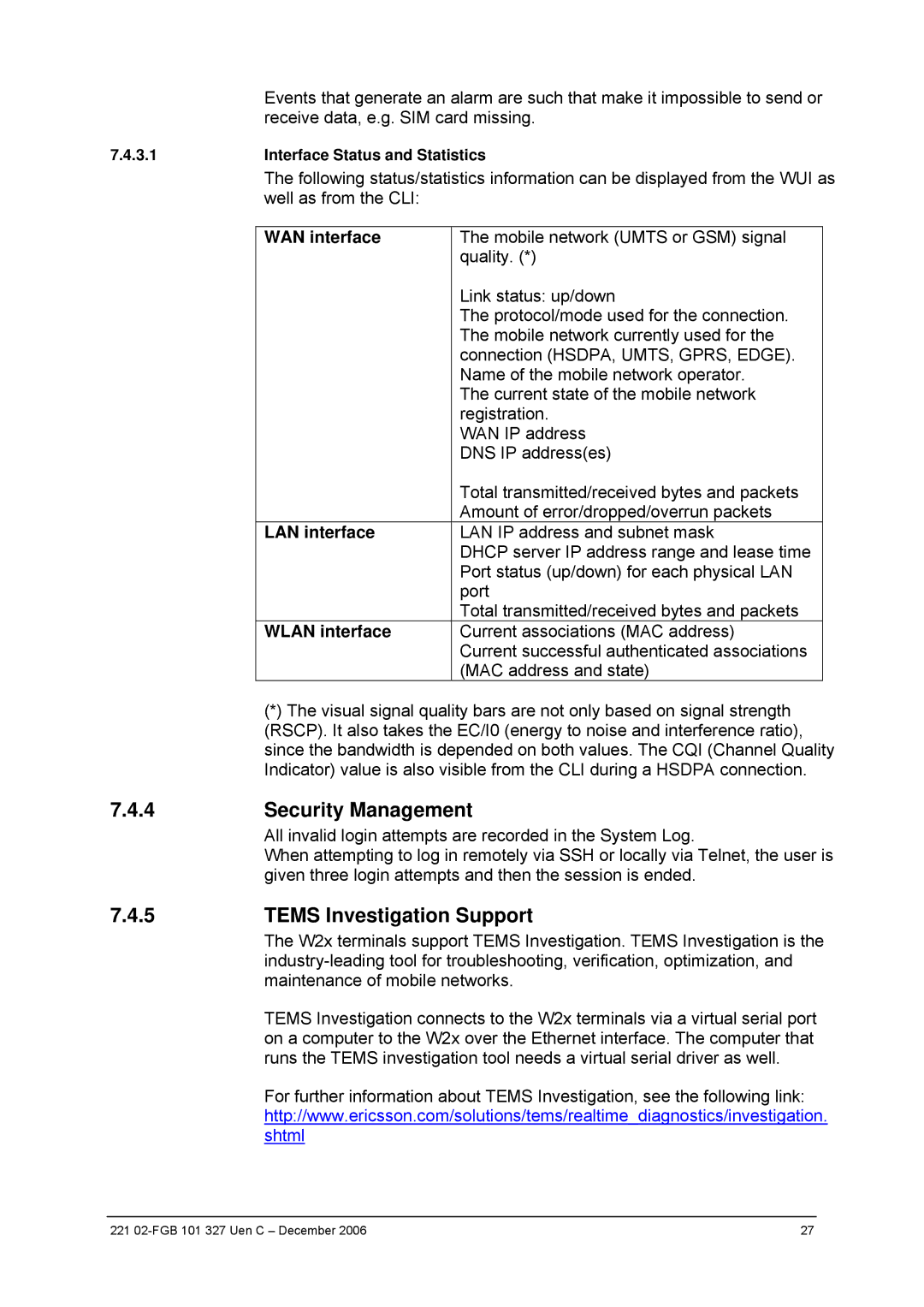 Ericsson W2x Series manual Security Management, Tems Investigation Support, WAN interface, LAN interface, Wlan interface 