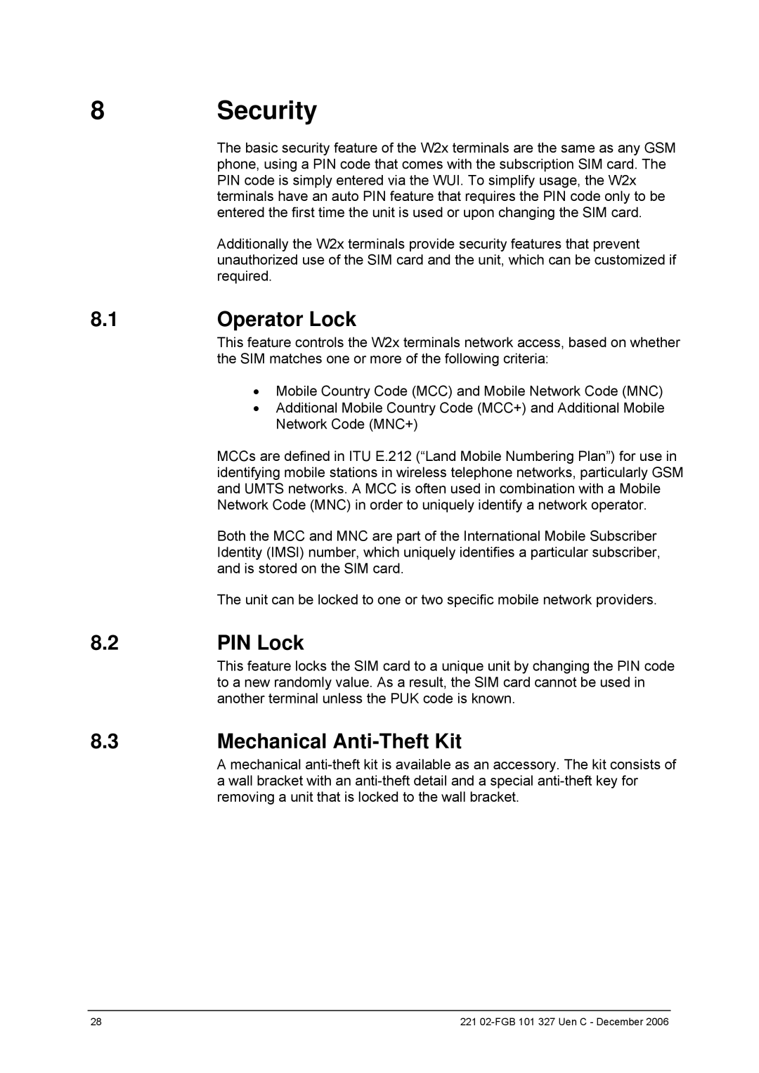 Ericsson W2x Series manual Security, Operator Lock, PIN Lock, Mechanical Anti-Theft Kit 