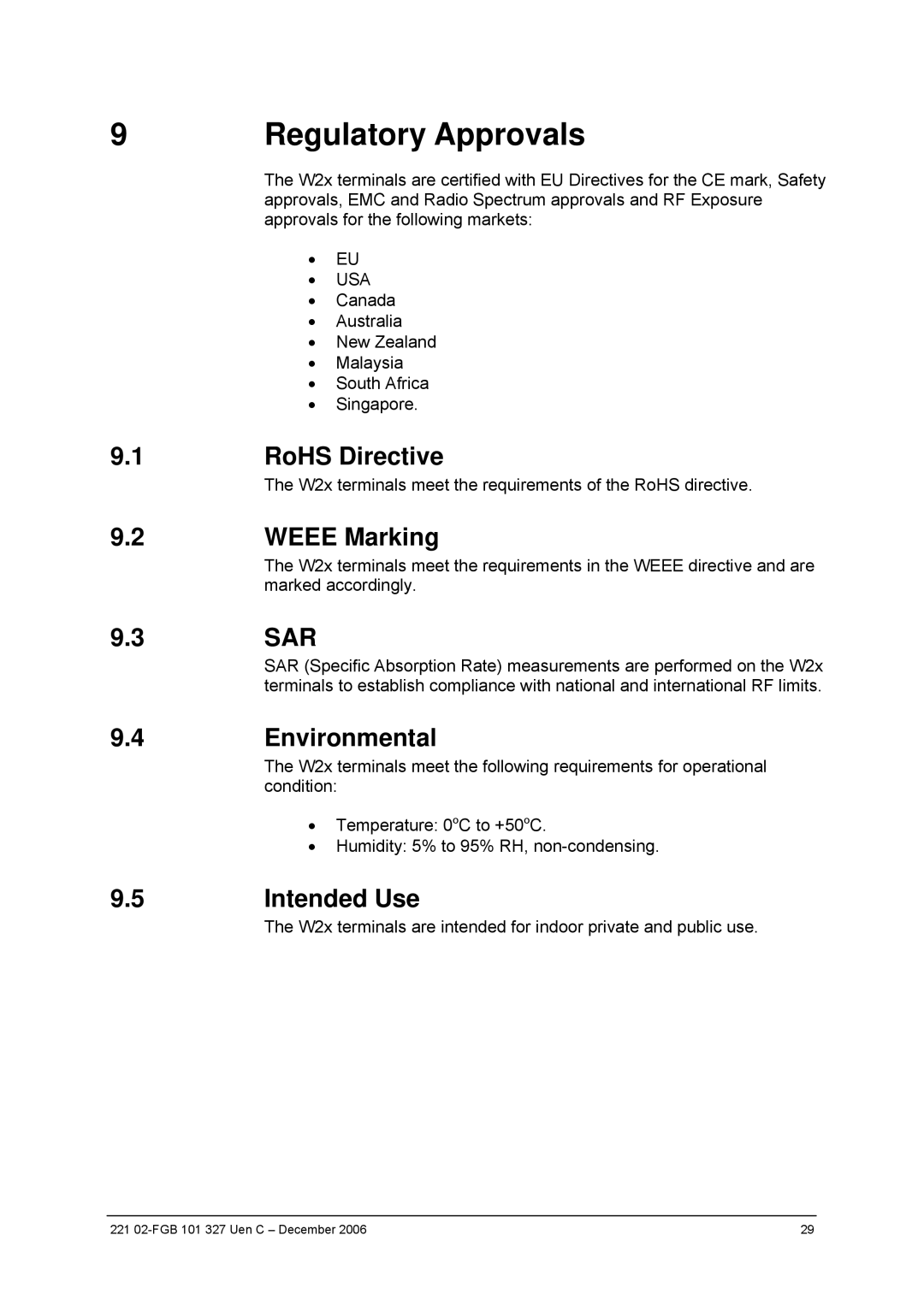 Ericsson W2x Series manual Regulatory Approvals, RoHS Directive, Weee Marking, Environmental, Intended Use 