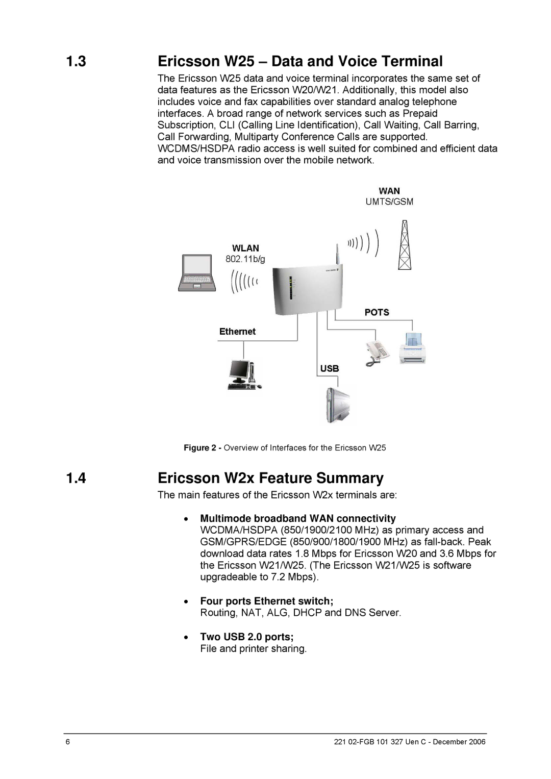 Ericsson W2x Series manual Ericsson W25 Data and Voice Terminal, Ericsson W2x Feature Summary 