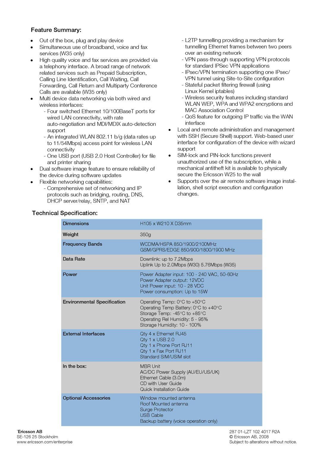 Ericsson W30, W35 manual Feature Summary, Technical Specification 