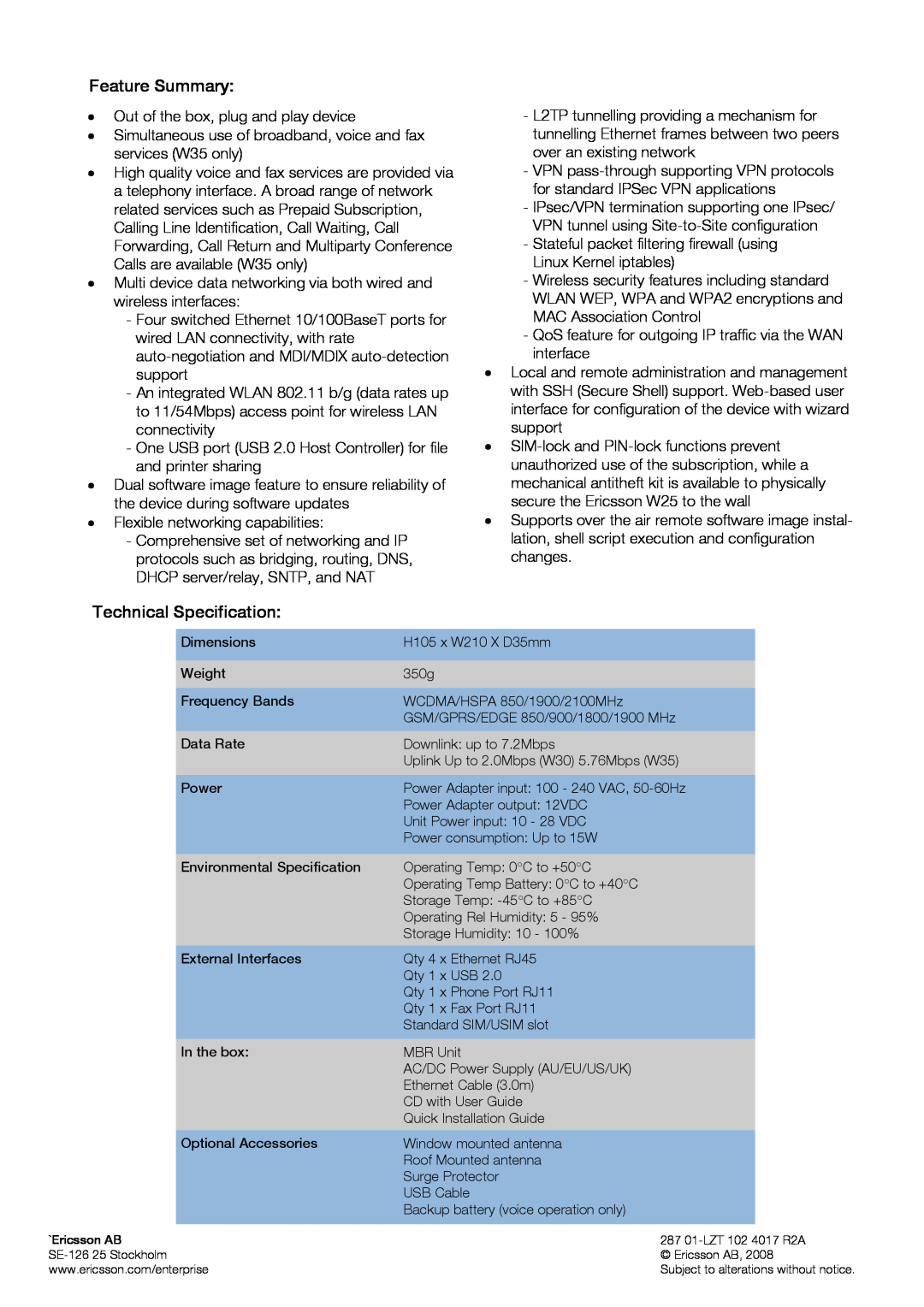 Ericsson W30, W35 manual Feature Summary, Technical Specification 