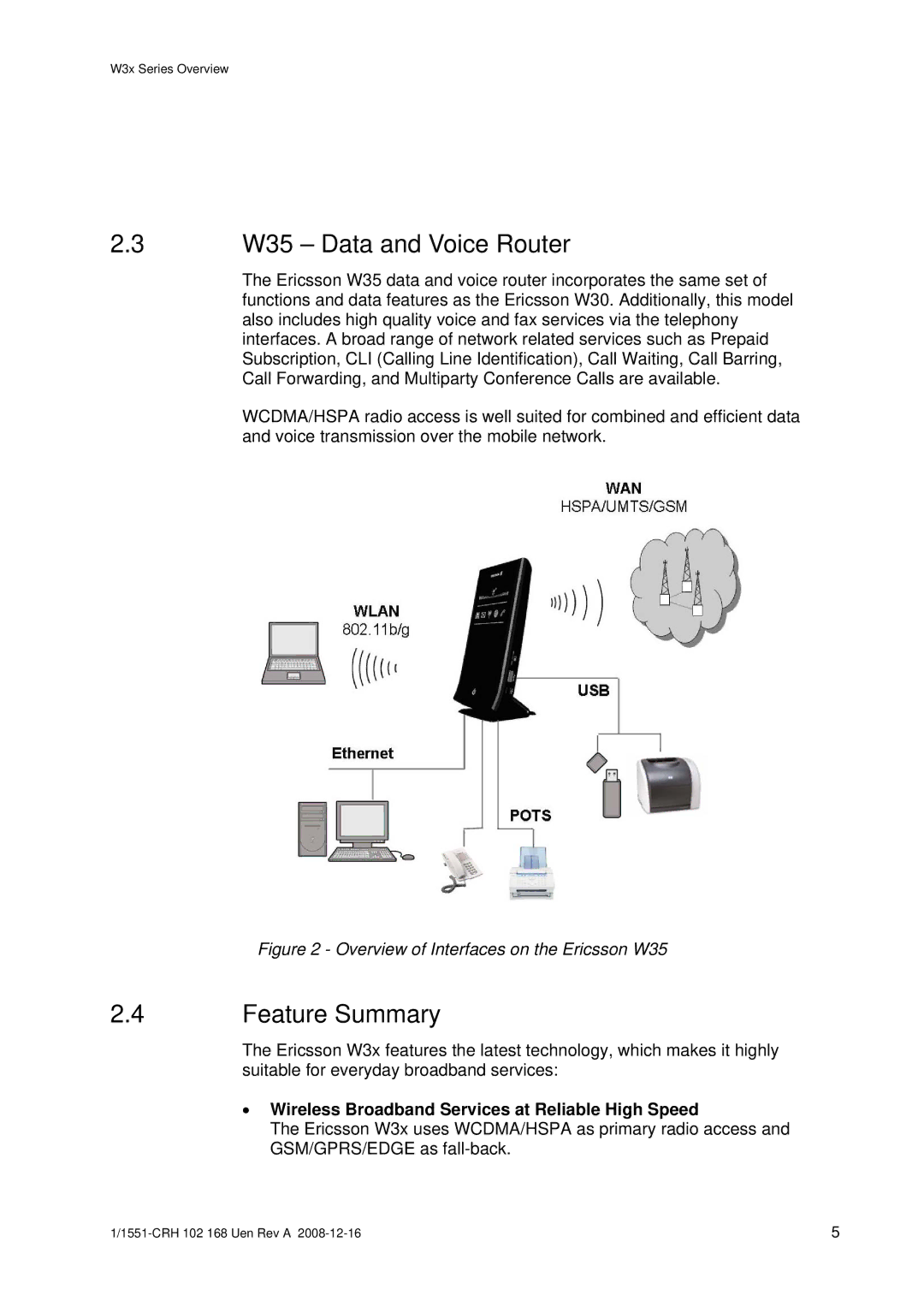 Ericsson W3X manual W35 Data and Voice Router, Feature Summary, Wireless Broadband Services at Reliable High Speed 