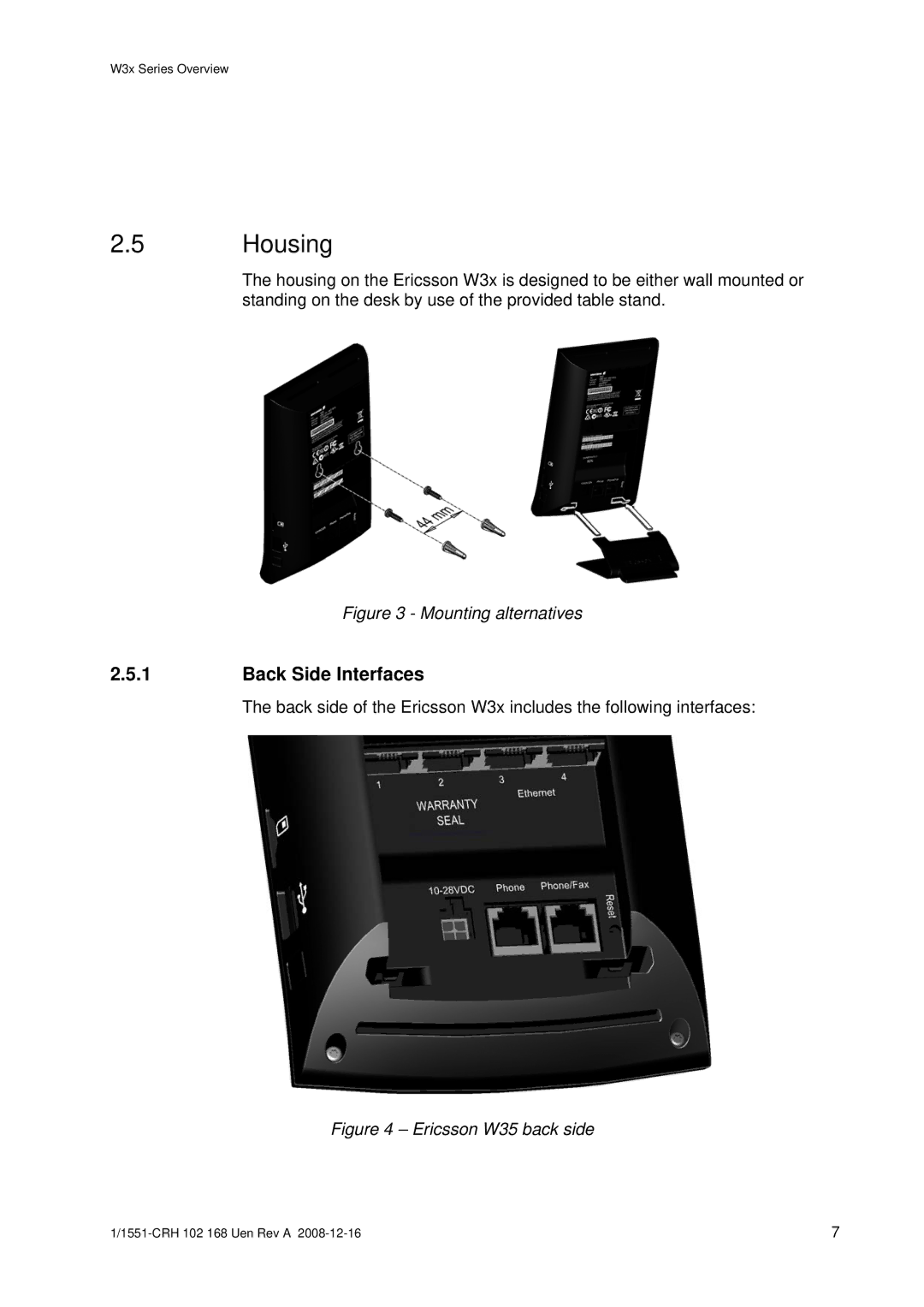 Ericsson W3X manual Housing, Back Side Interfaces 