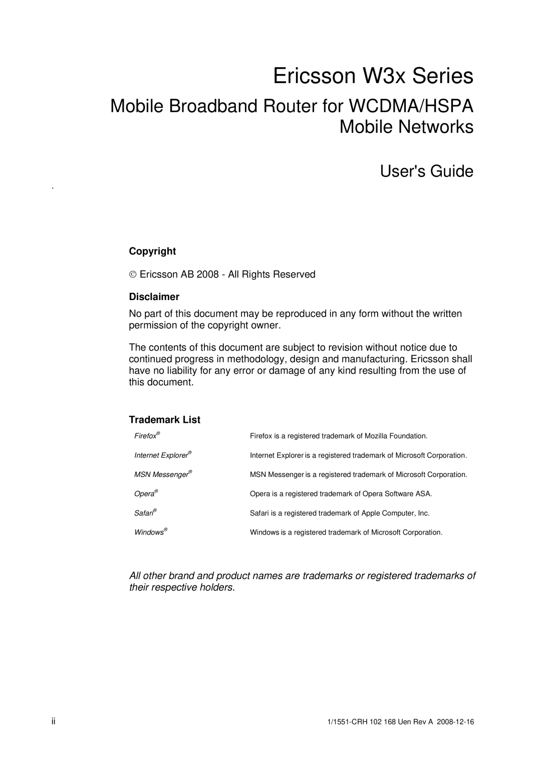 Ericsson W3X manual Copyright, Disclaimer, Trademark List 