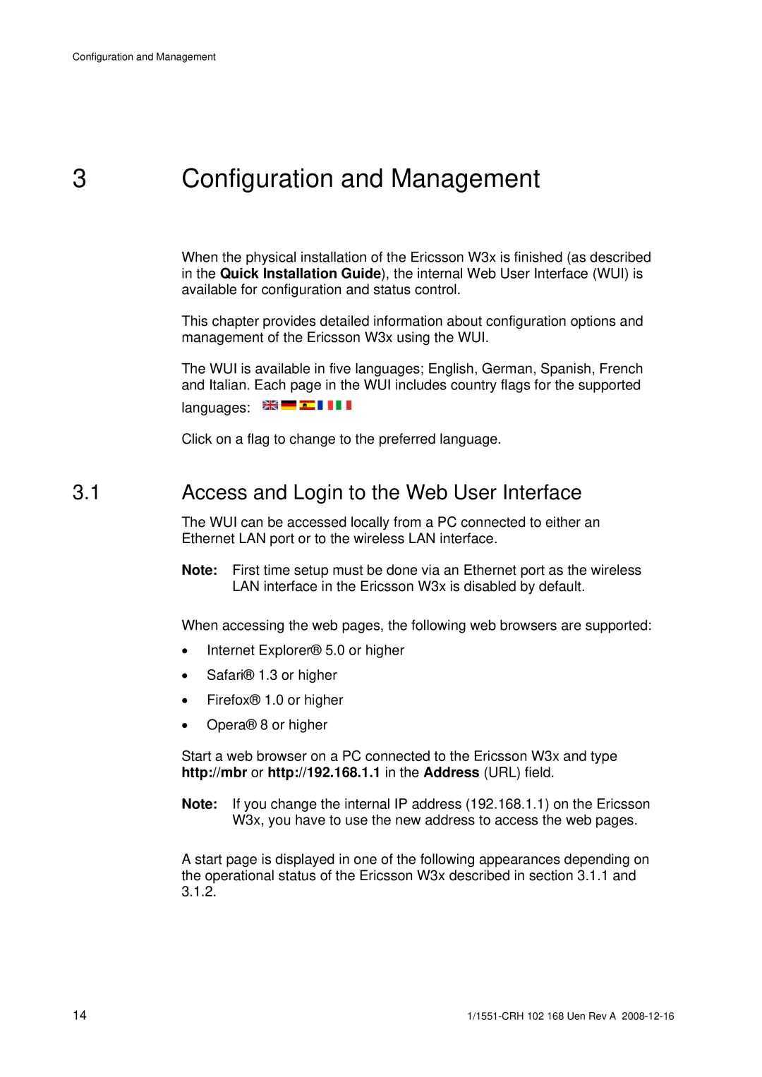 Ericsson W3X manual Configuration and Management, Access and Login to the Web User Interface 