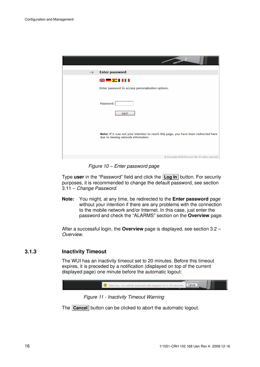 Ericsson W3X manual Inactivity Timeout, Enter password 