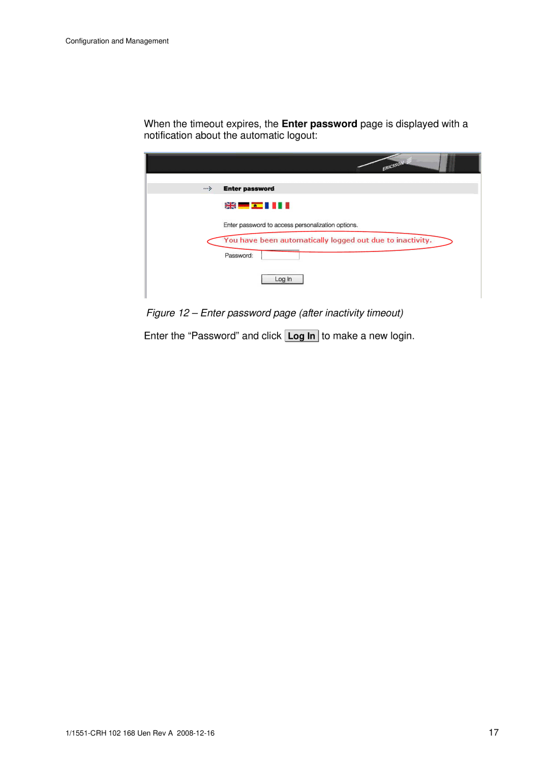 Ericsson W3X manual Enter password page after inactivity timeout 