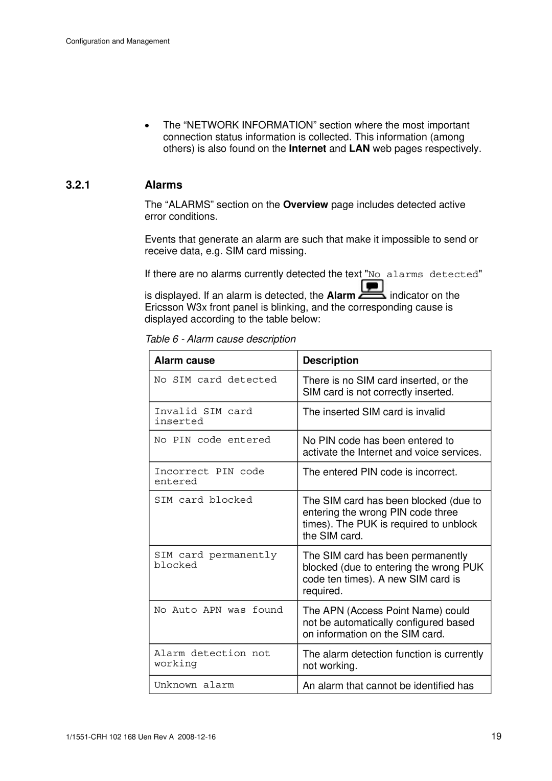 Ericsson W3X manual Alarms, Alarm cause Description 