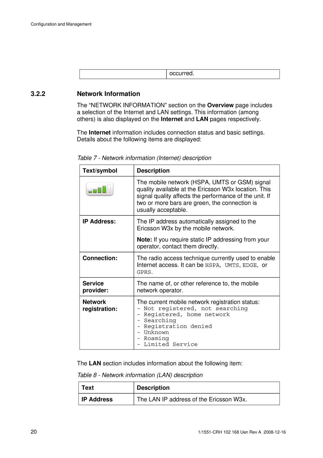 Ericsson W3X manual Network Information 