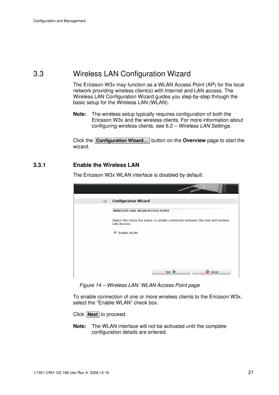 Ericsson W3X manual Wireless LAN Configuration Wizard, Enable the Wireless LAN 