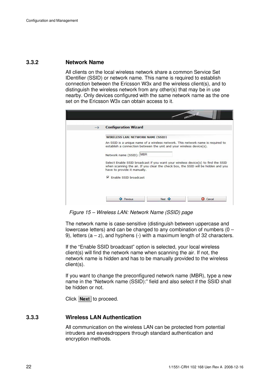 Ericsson W3X manual Network Name, Wireless LAN Authentication 