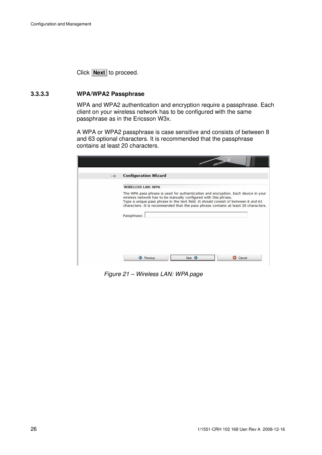 Ericsson W3X manual 3.3 WPA/WPA2 Passphrase, Wireless LAN WPA 