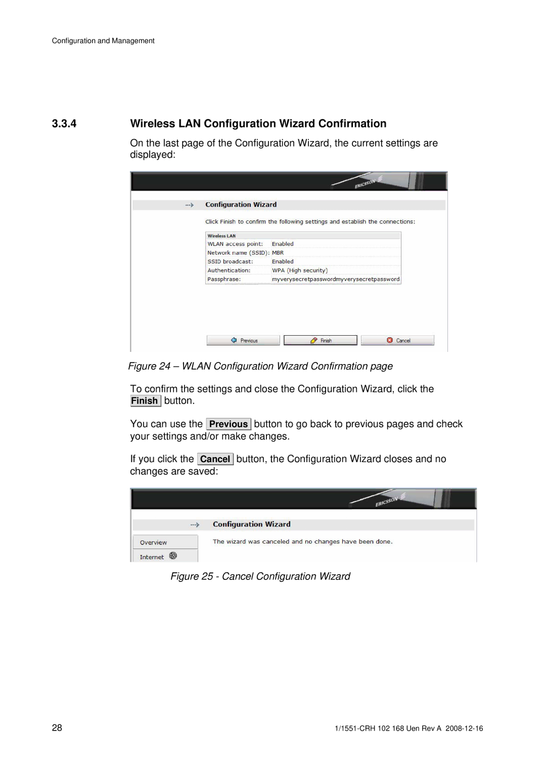 Ericsson W3X manual Wireless LAN Configuration Wizard Confirmation, Wlan Configuration Wizard Confirmation 