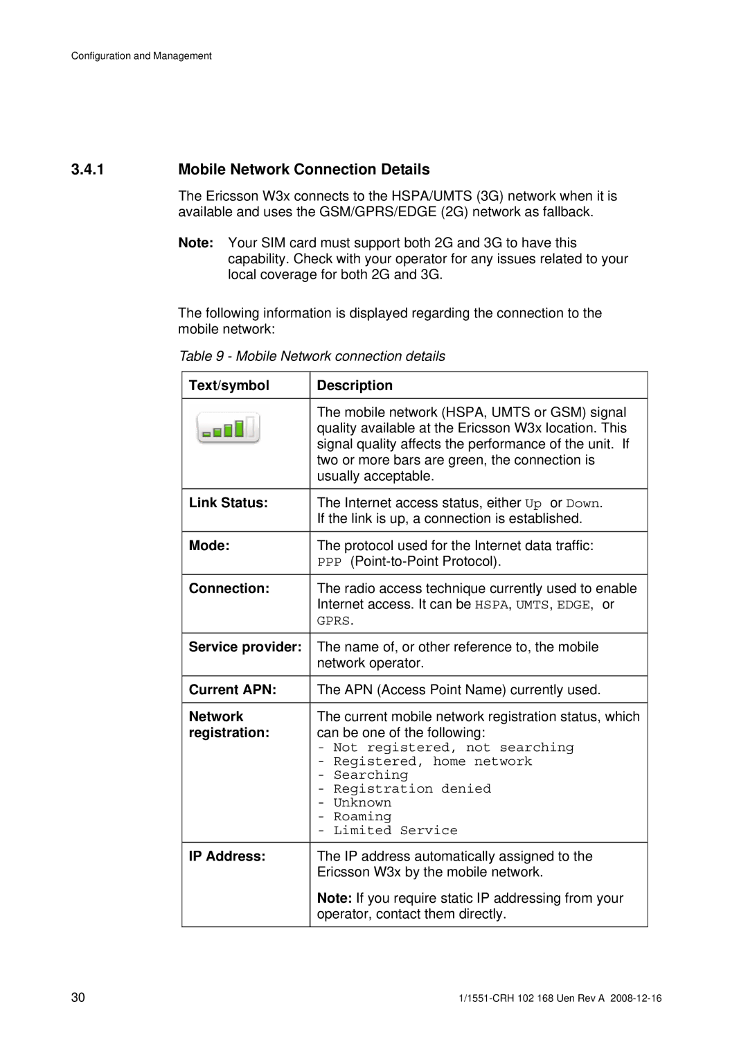 Ericsson W3X manual Mobile Network Connection Details, Link Status, Mode, Service provider, Current APN 