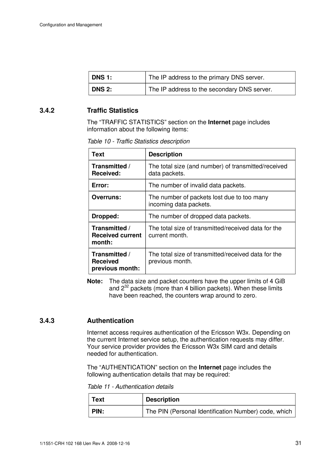 Ericsson W3X manual Traffic Statistics, Authentication, Dns, Text 