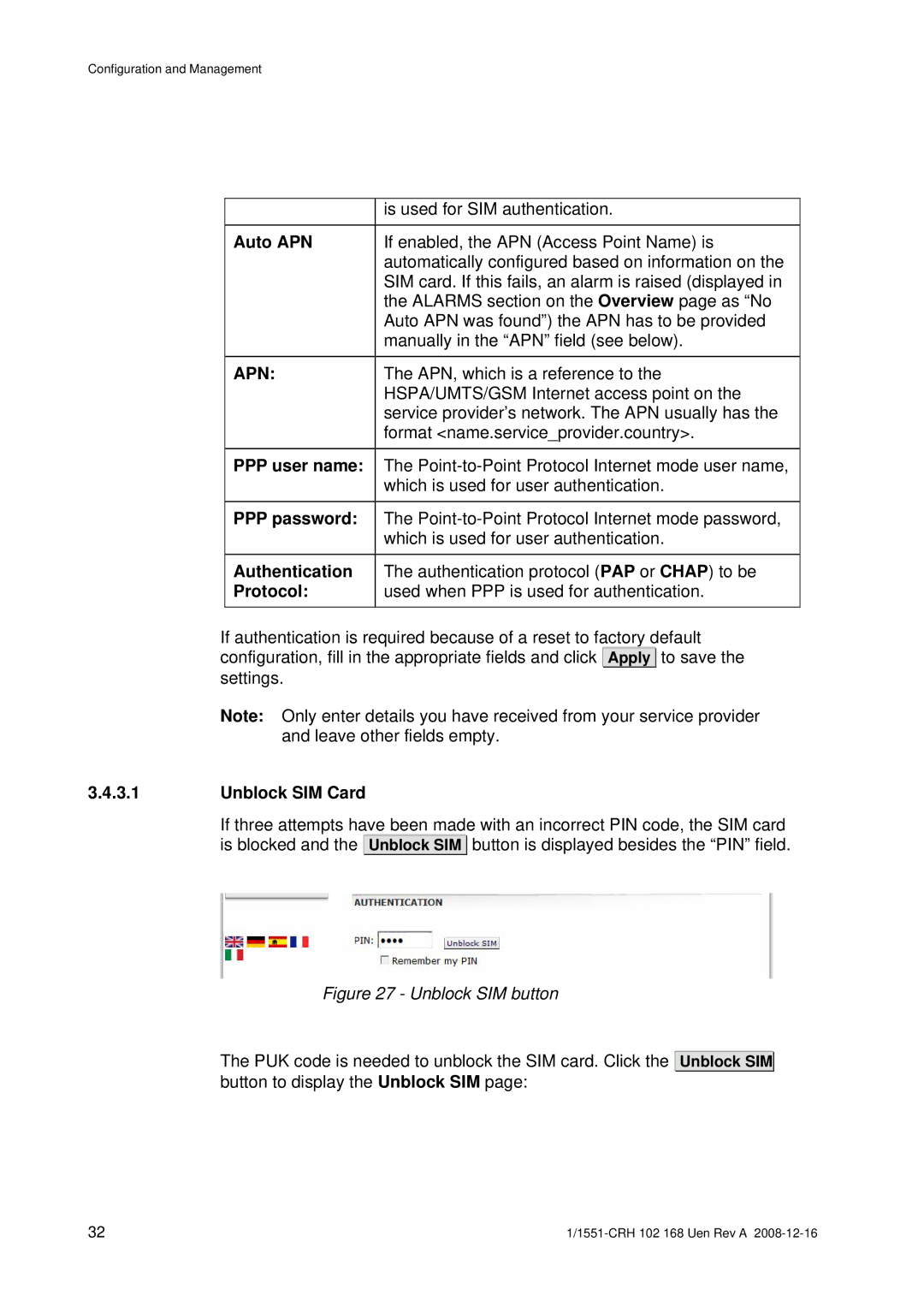 Ericsson W3X manual Auto APN, PPP user name, PPP password, Authentication, Protocol, Unblock SIM Card 