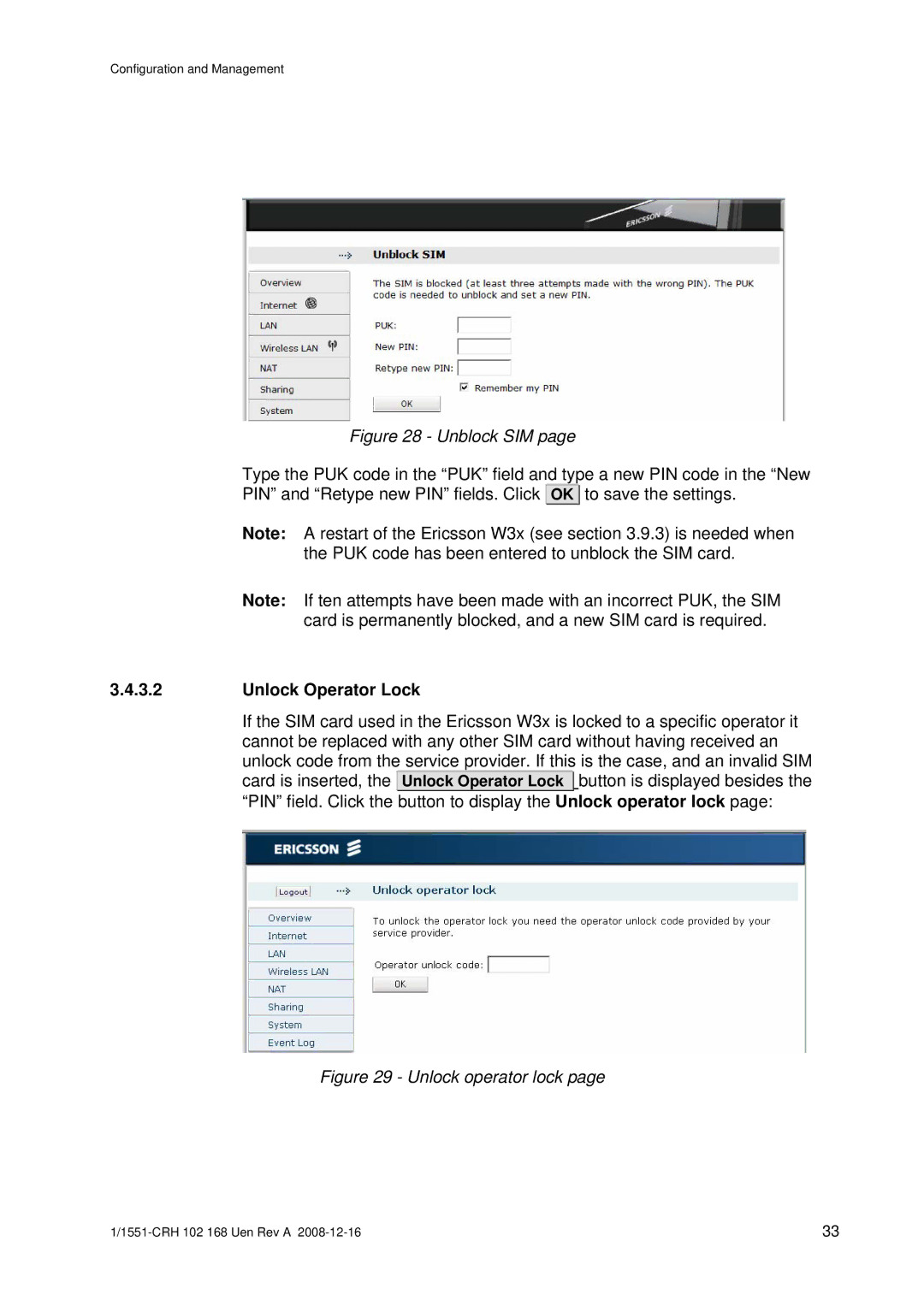 Ericsson W3X manual Unblock SIM, Unlock Operator Lock 