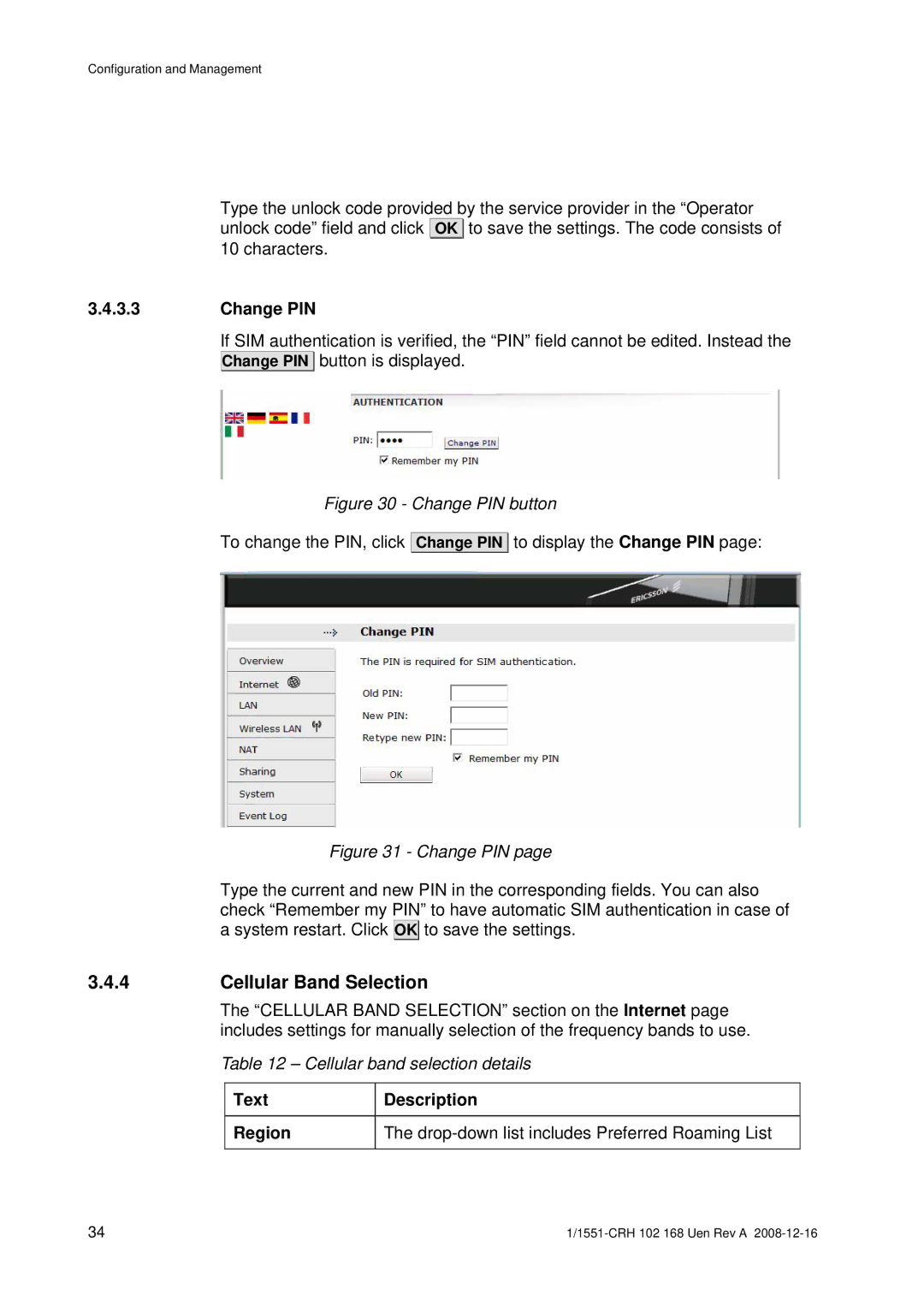 Ericsson W3X manual Cellular Band Selection, Change PIN, Text Description Region 