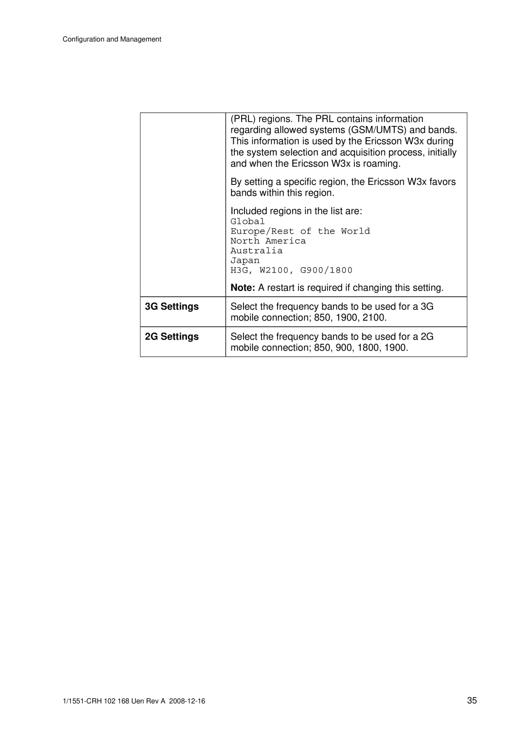 Ericsson W3X manual 3G Settings, 2G Settings 