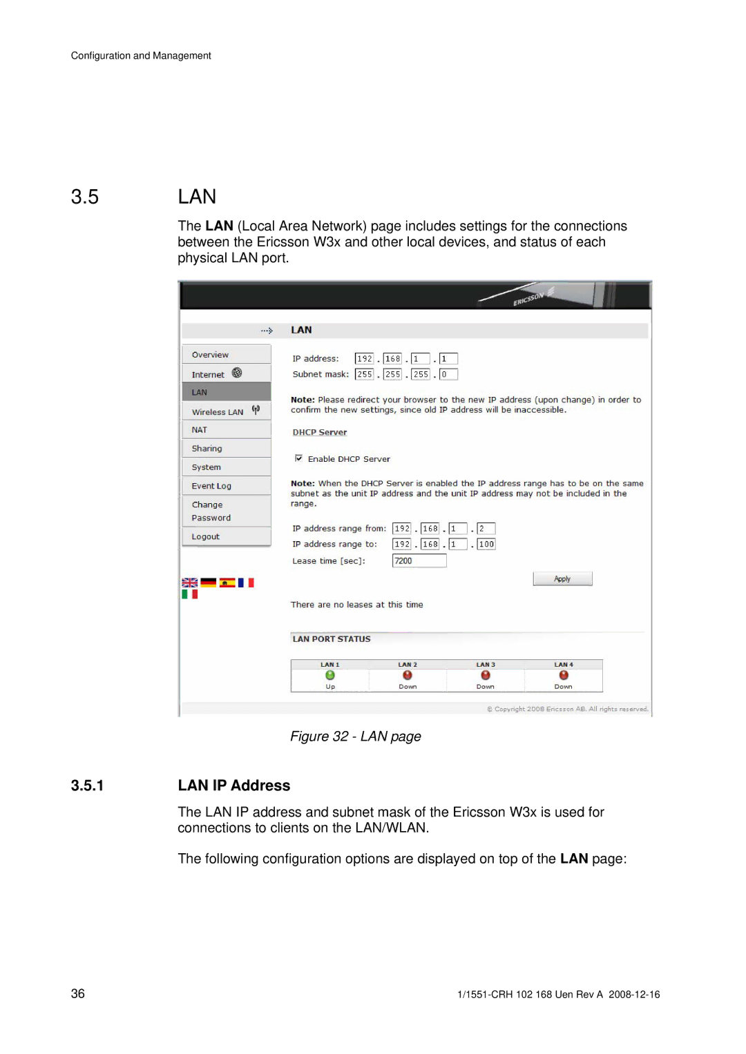 Ericsson W3X manual Lan, LAN IP Address 