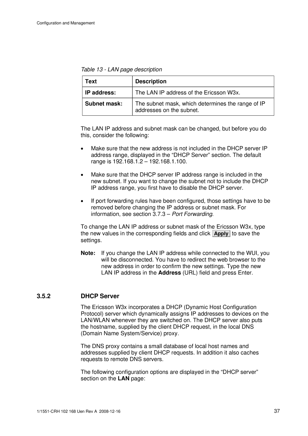 Ericsson W3X manual Dhcp Server 