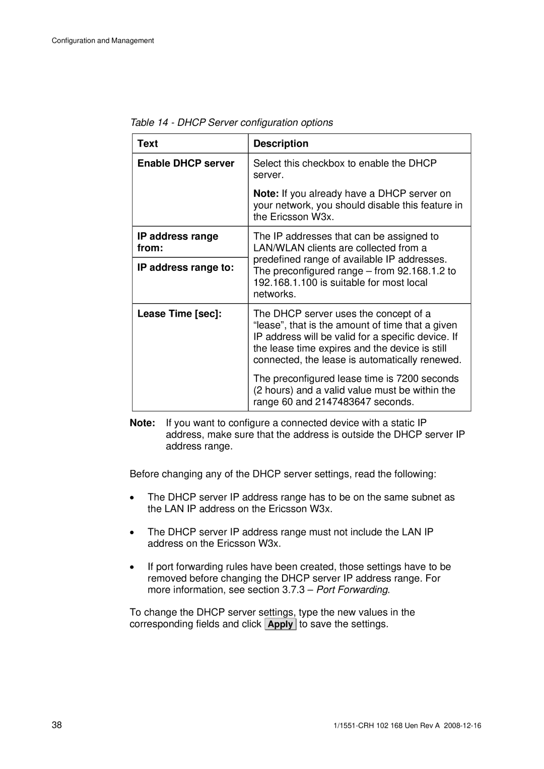 Ericsson W3X manual Text Description Enable Dhcp server, From, IP address range to, Lease Time sec 