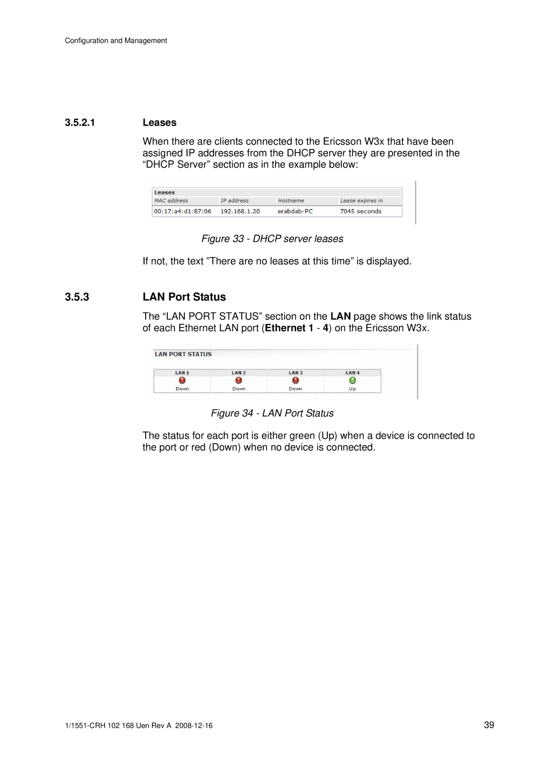 Ericsson W3X manual LAN Port Status, Leases 