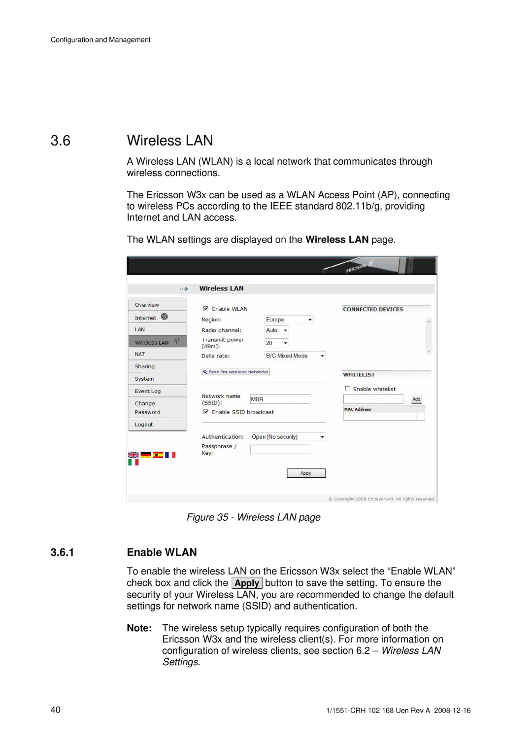 Ericsson W3X manual Wireless LAN, Enable Wlan 