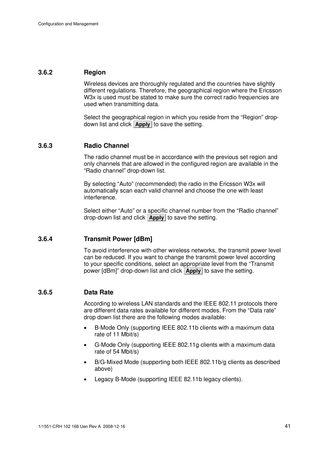 Ericsson W3X manual Region, Radio Channel, Transmit Power dBm, Data Rate 