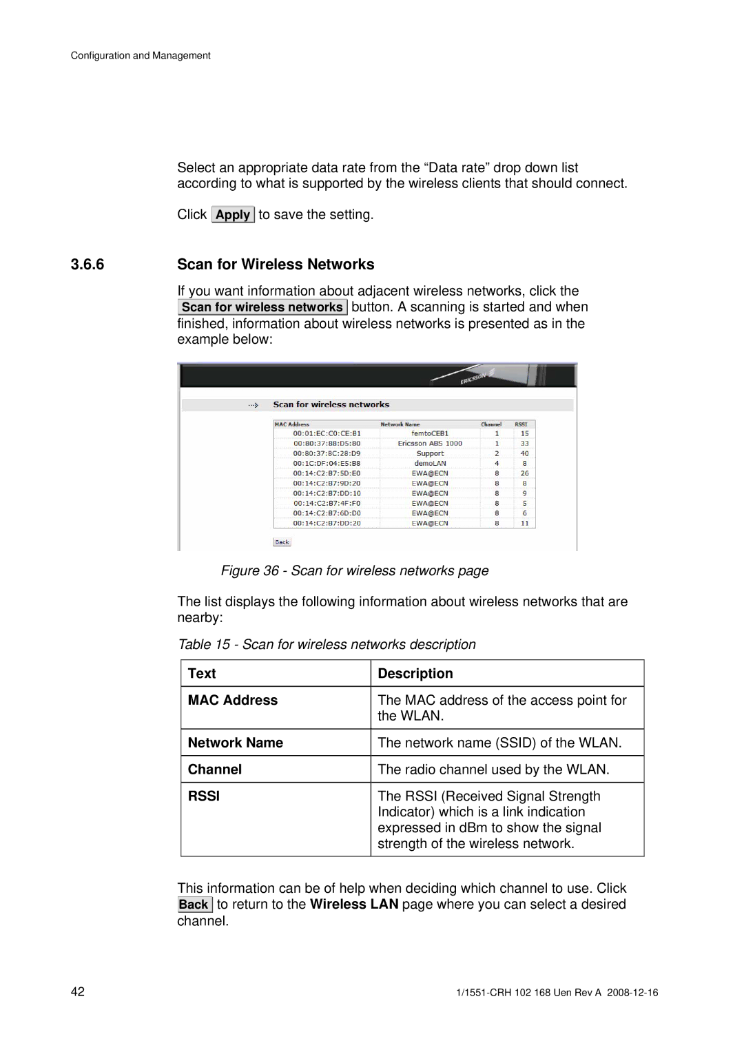 Ericsson W3X manual Scan for Wireless Networks, Text Description MAC Address, Network Name, Channel 