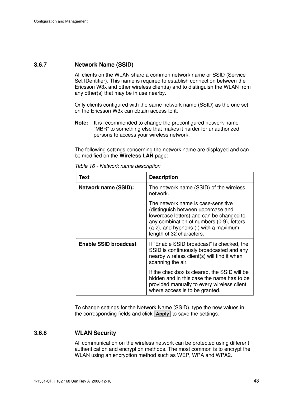 Ericsson W3X manual Network Name Ssid, Wlan Security, Text Description Network name Ssid, Enable Ssid broadcast 