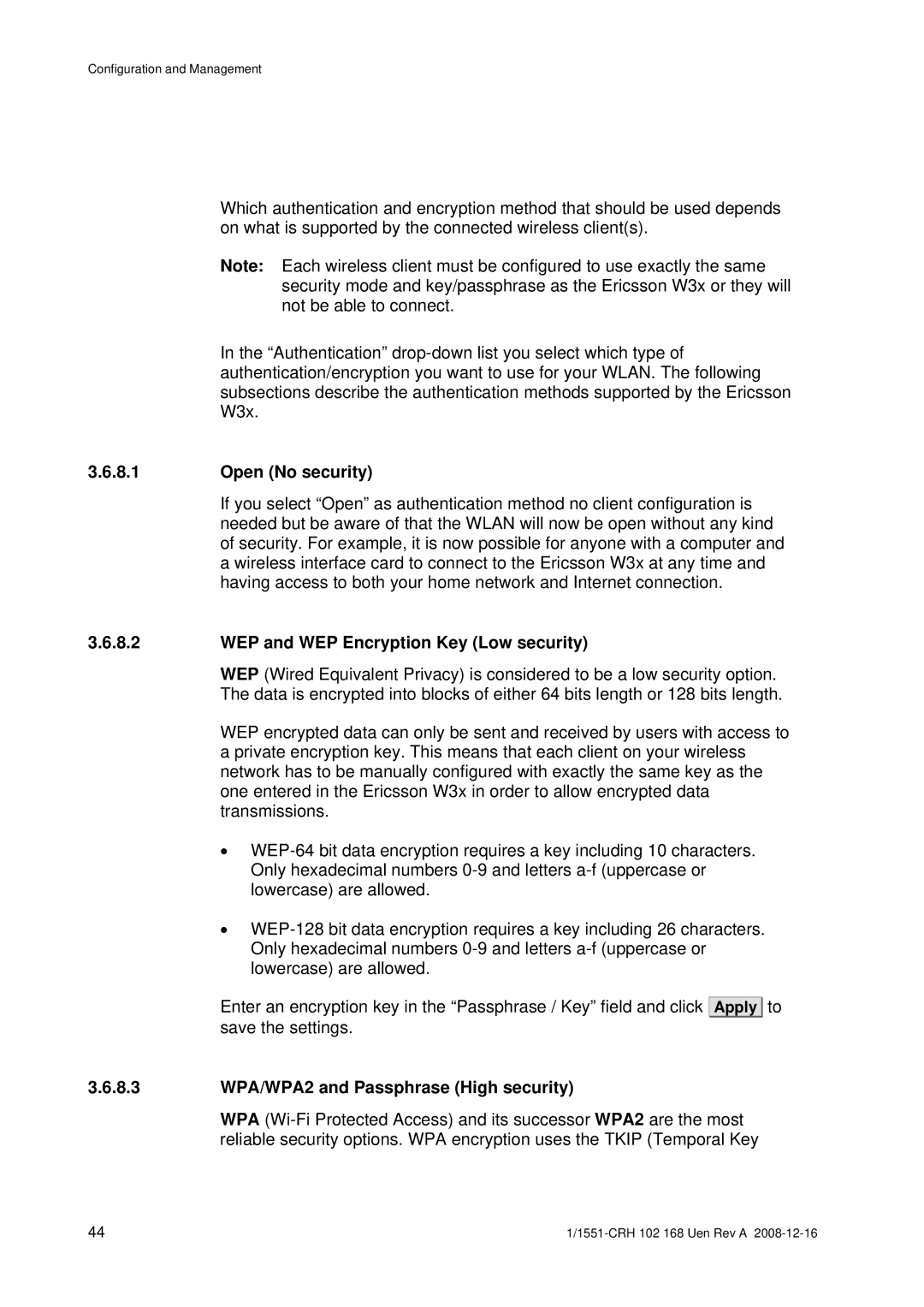 Ericsson W3X manual WEP and WEP Encryption Key Low security, 8.3 WPA/WPA2 and Passphrase High security 