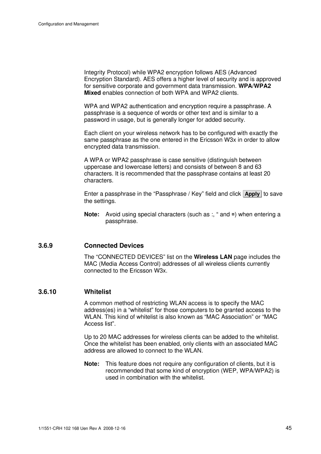 Ericsson W3X manual Connected Devices, Whitelist 